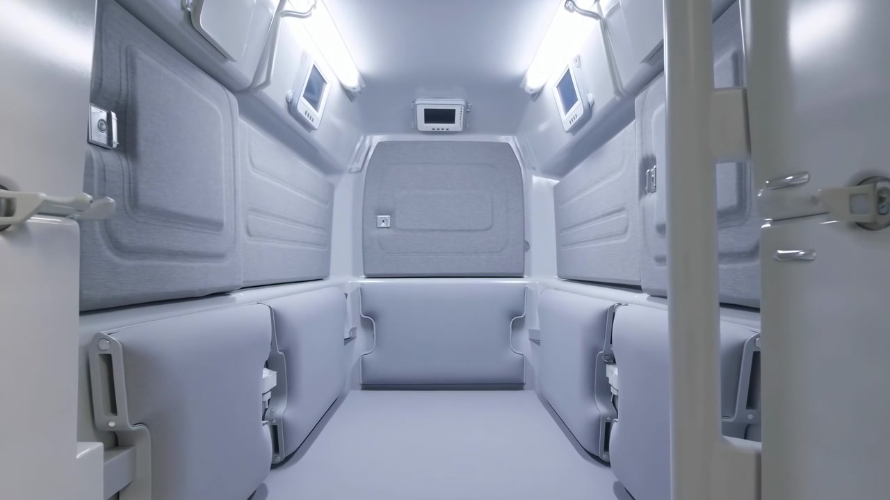 Vista simmetrica attraverso una porta aperta in una capsula di trasporto o medica compatta che mostra panche imbottite pieghevoli lungo le pareti laterali, paratia posteriore imbottita