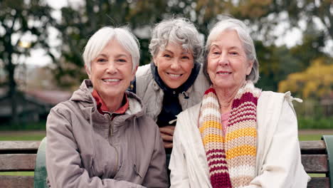 senior, women and friends face in park sitting