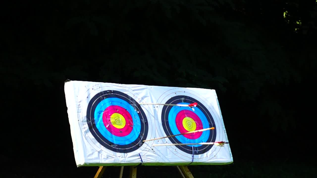 Archery. The arrow hit the target. Slow motion