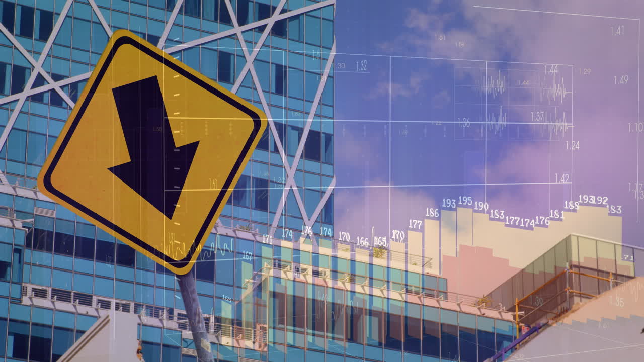 도로 표지판과 도시 풍경에 대한 금융 데이터 처리의 애니메이션