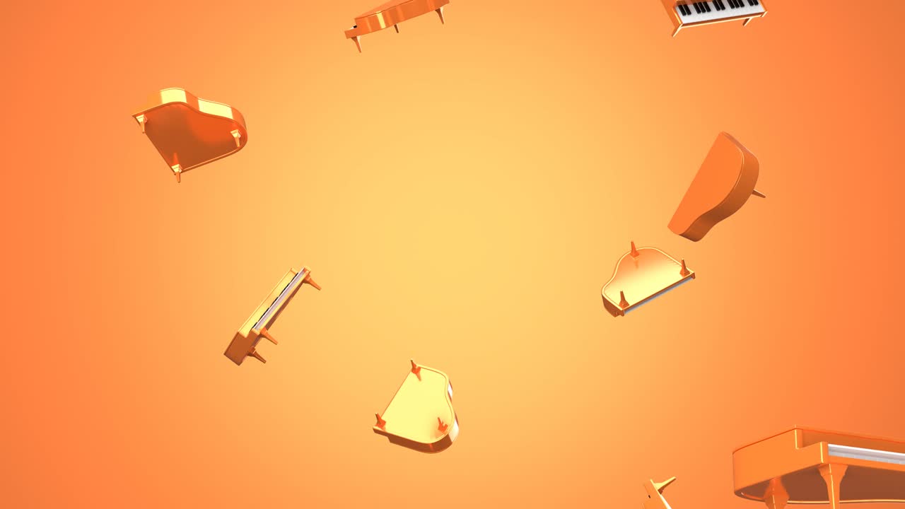 pianos naranjas voladores sobre un fondo naranja.