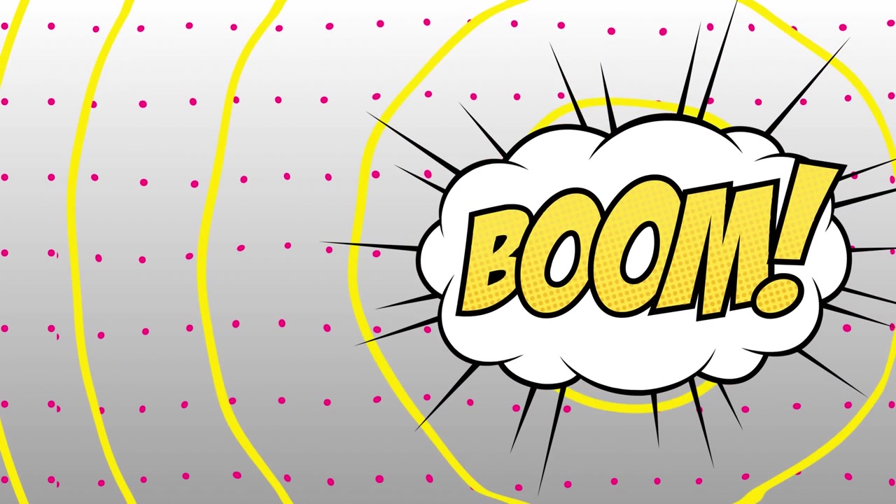 灰色の背景に、黄色い円とピンクの点を伴う爆発の雲の中の「boom」のテキストアニメーション