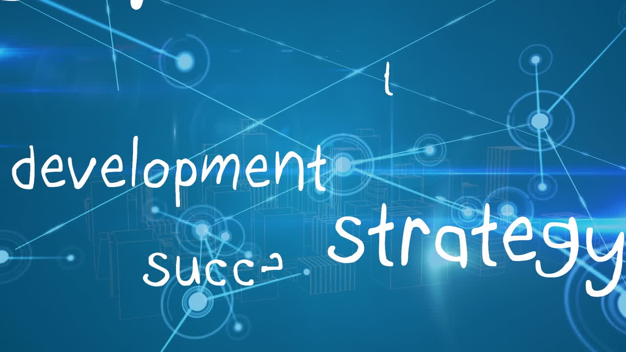파란색 바탕에 연결 네트워크와 디지털 도시 풍경을 통해 비즈니스 텍스트의 애니메이션