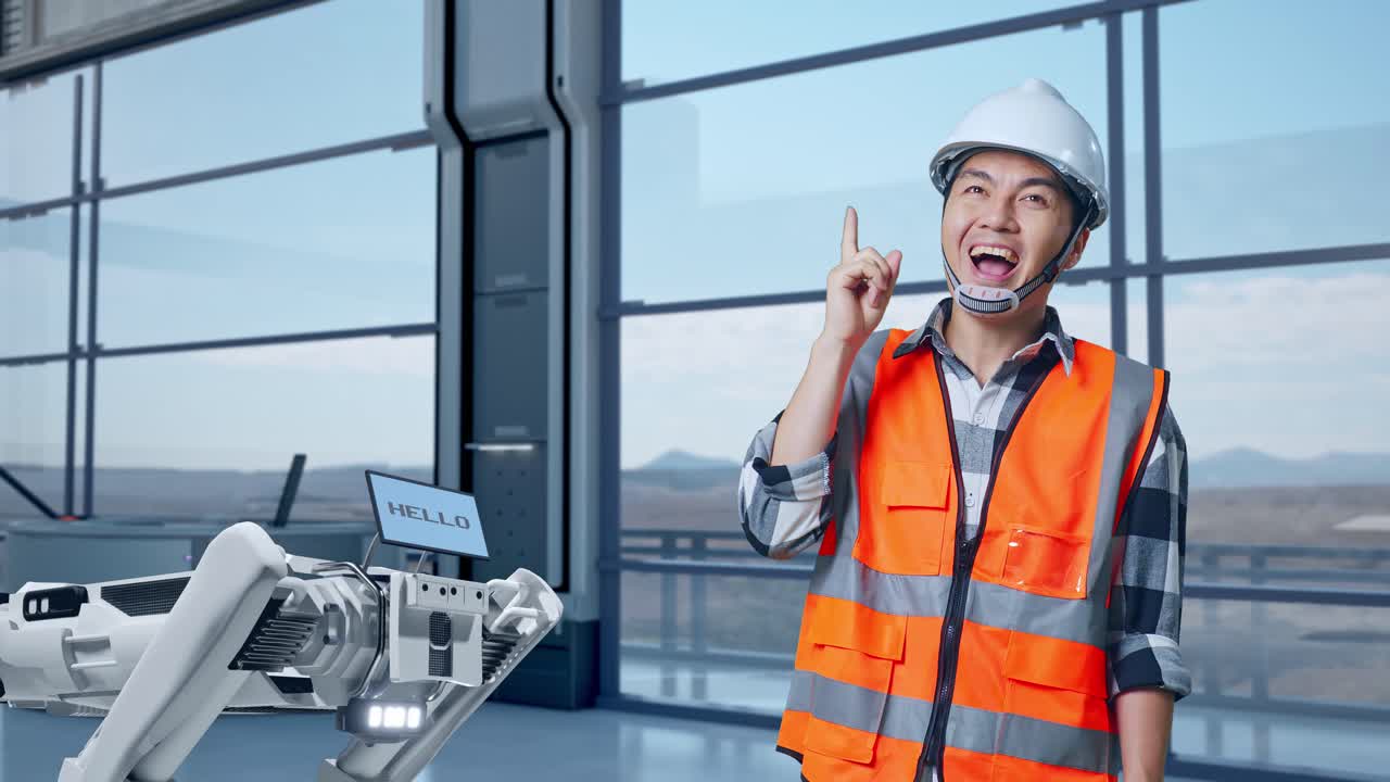 안전 헬을 입은 아시아 남성 엔지니어가 하이테크 공장에서 로 기계 개념을 분석하며 무언가를 생각하고 주위를 둘러보며 지표손가락을 들어 올린다.