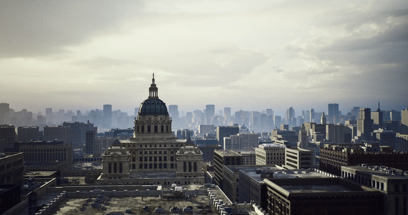 Silhouette amidst cloudy cityscape cinematic urban scene with shadow and fog