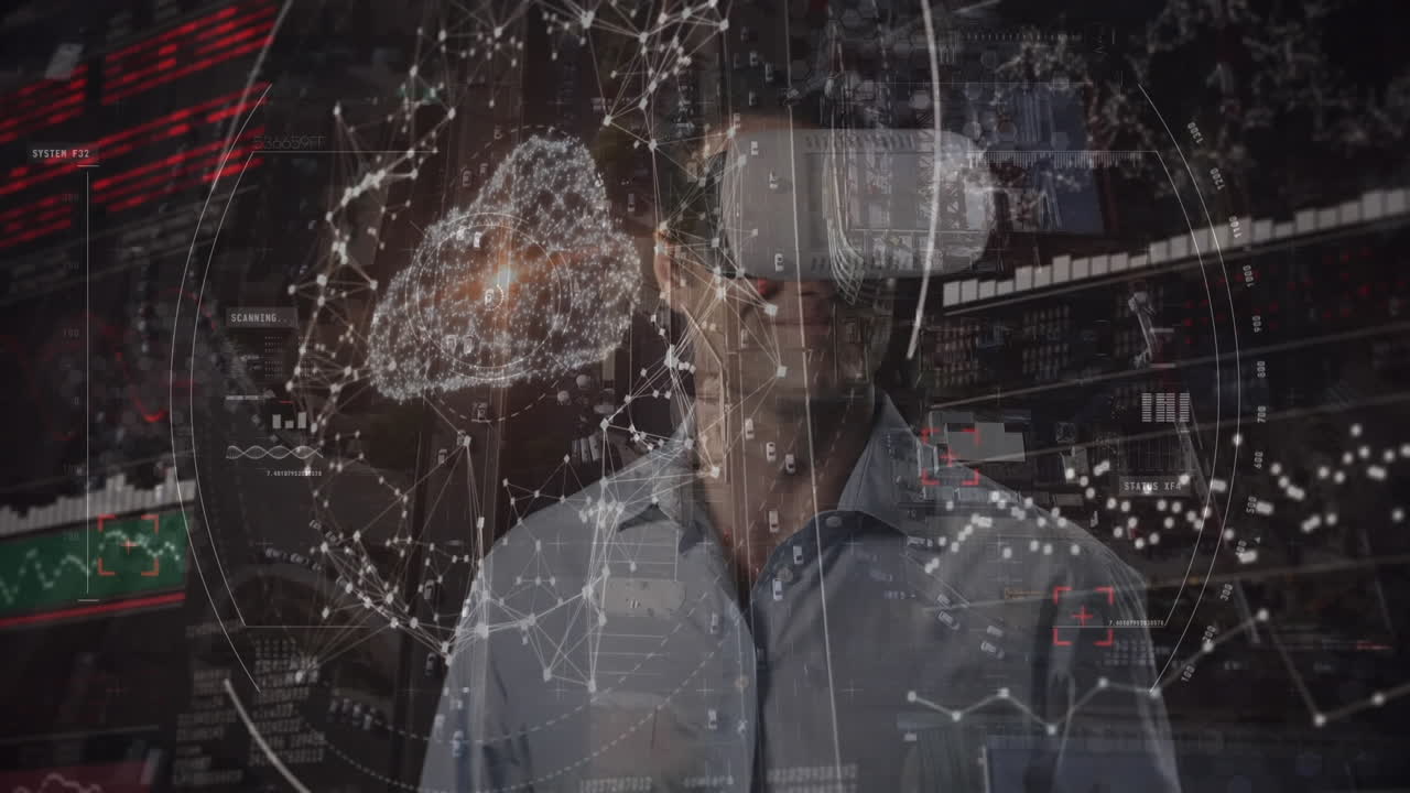 Animation af netværk af forbindelser over mand med VR headset