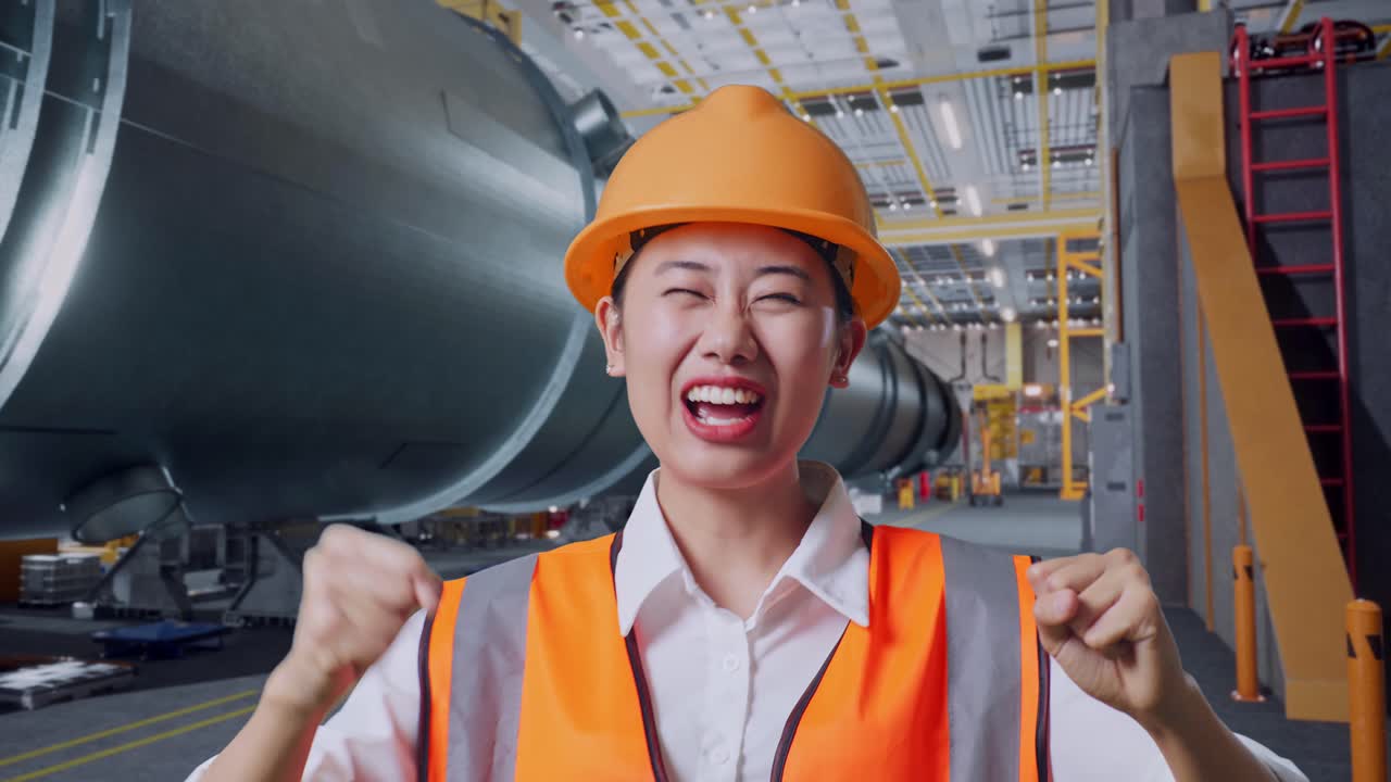 안전 헬을 착용한 아시아 여성 엔지니어가 파이프 제조 공장에서 축하하는 춤을 추며 소리를 질렀다.