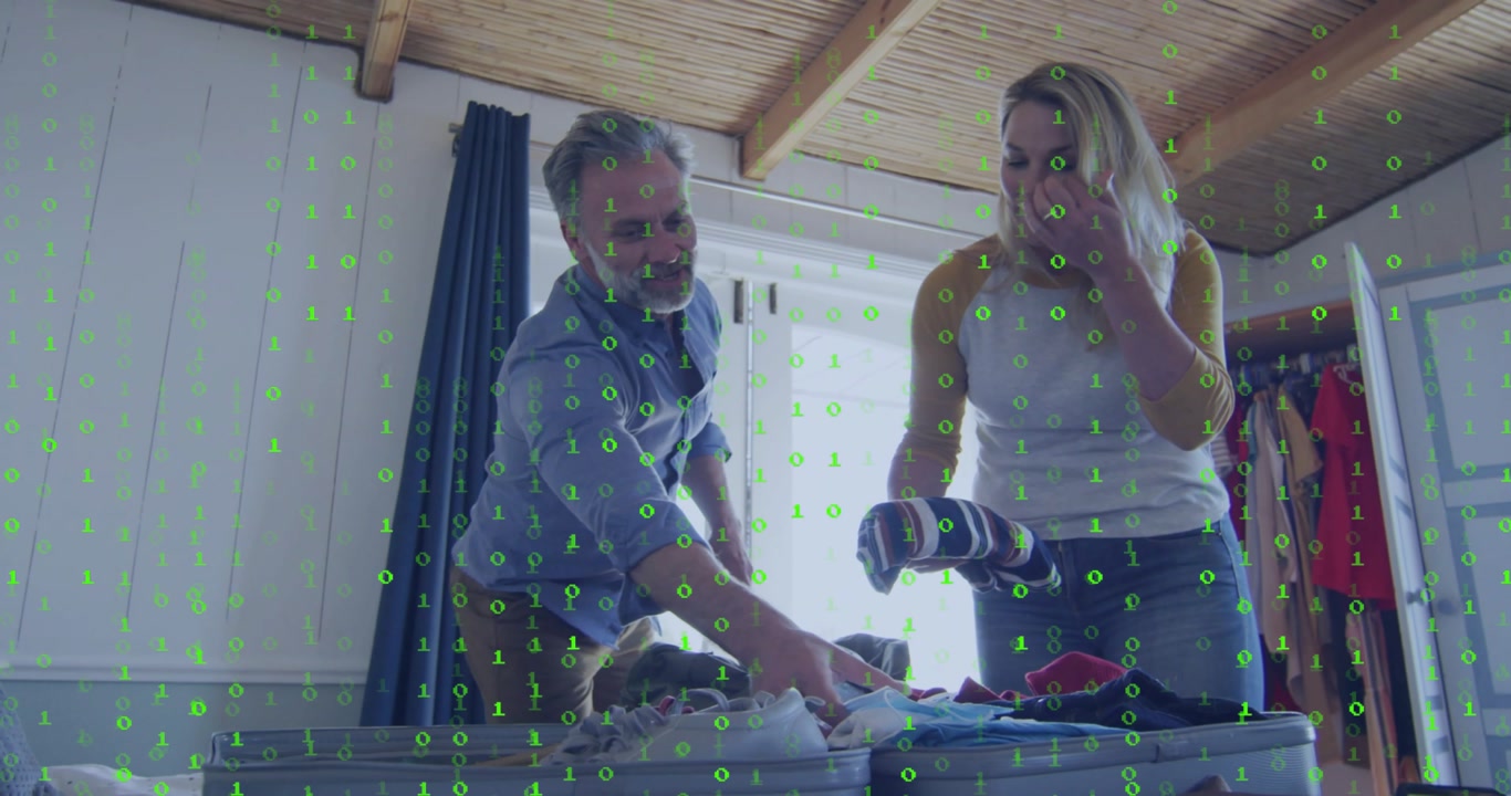 Couple packing suitcases in bedroom, travel start driving joint folding under green binary overlay