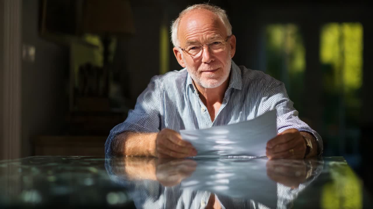 A contemplative elderly man seated at a table gazes at a document, embodying the emotions of reflection and focus while surrounded by a tranquil and softly lit environment that enhances the mood