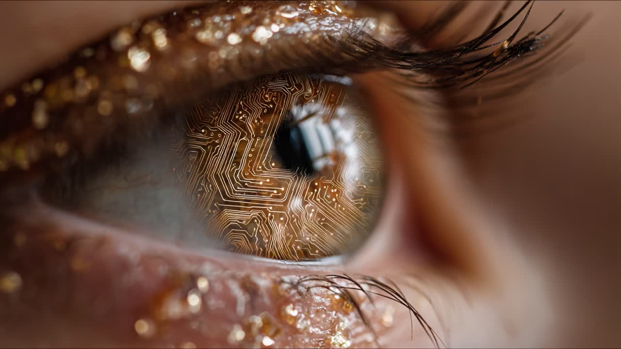 Exploring the Intersection of Nature and Technology: A Close-Up on an Eye Reflecting Intricate Circuit Patterns with Glittering Details