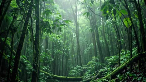 lush rainforest with towering trees and dense foliage, captured from a low-angle perspective
