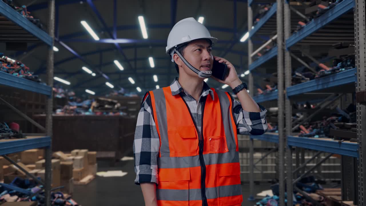 Ingeniero asiático con casco de seguridad hablando por su teléfono inteligente mientras está de pie, en un almacén industrial de chatarra y reciclaje.