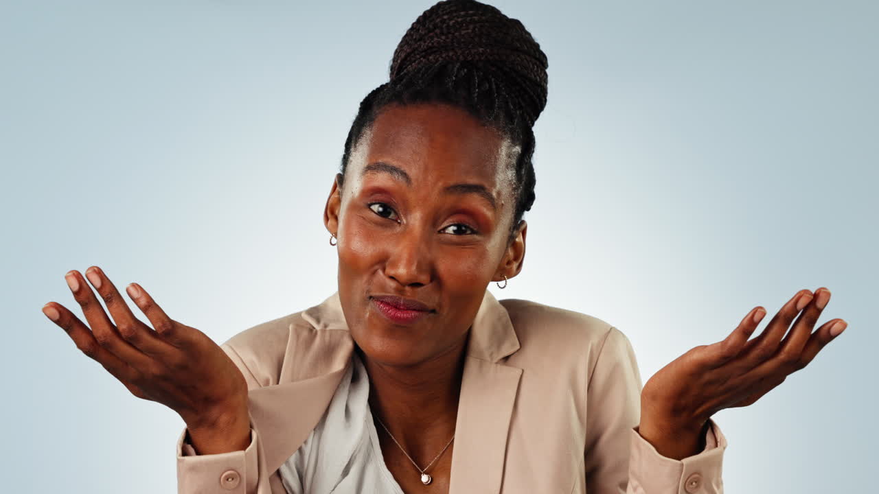 Confused, black woman and face laughing