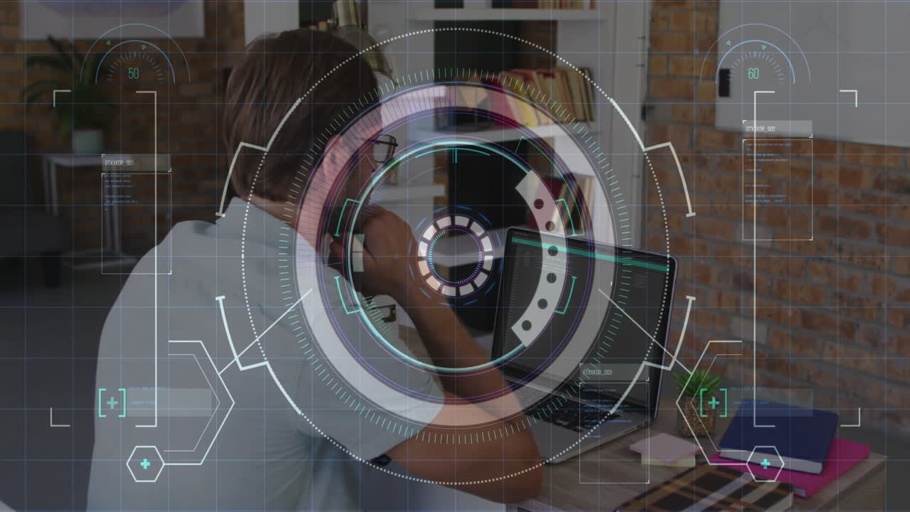 Futuristic digital interface animation over person working on laptop in office