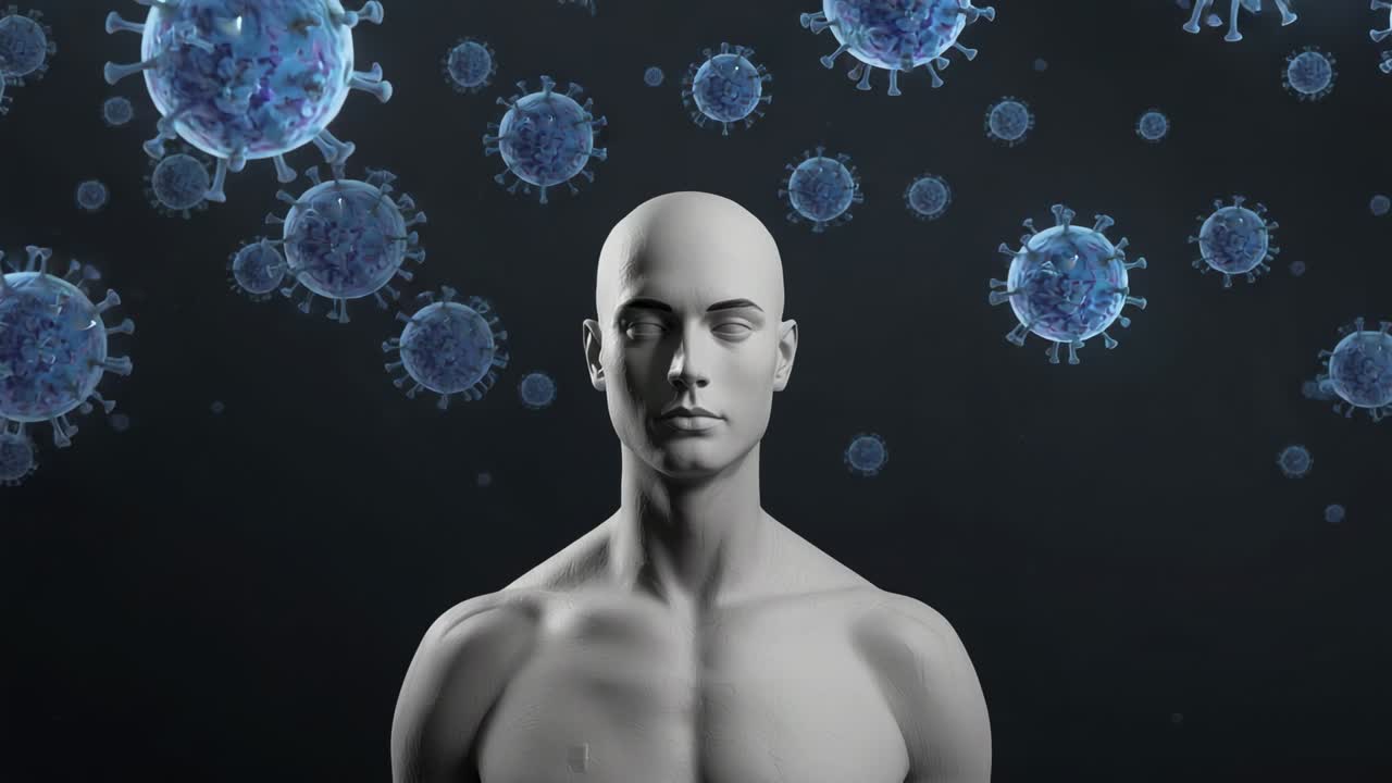 Spawning blue virus particles drifting around 3D torso model on dark background after scene start