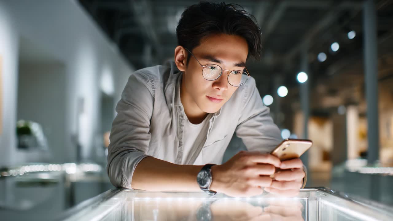 A focused young man engaged with his smartphone in an art gallery, illuminated by soft lighting, reflecting a moment of contemplation and modern communication amidst a creative space