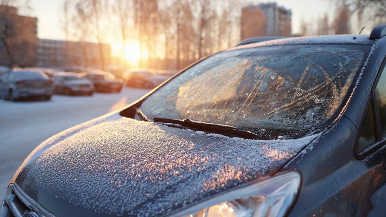 A Frosty Morning Scene Featuring a Car Covered in Ice and Frost as the Sun Rises Over the Winter Landscape with a Chill in the Air and the Promise of a New Day