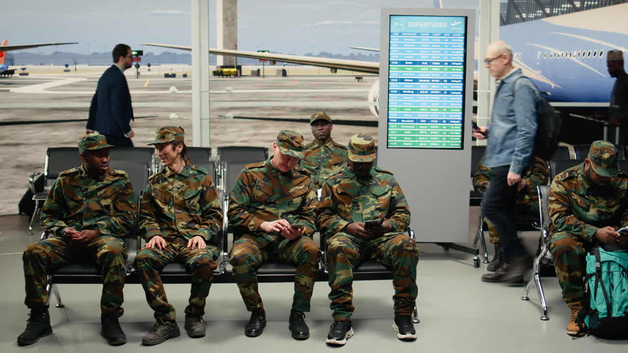 Rilassante, arrivo dell'aereo e squadra militare annoiata in attesa nella lounge dell'aeroporto