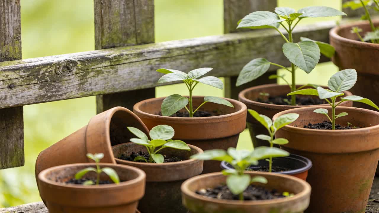 La telecamera si avvicina a vasi di terracotta, mostrando piantine e la consistenza del terreno per un tutorial di giardinaggio.
