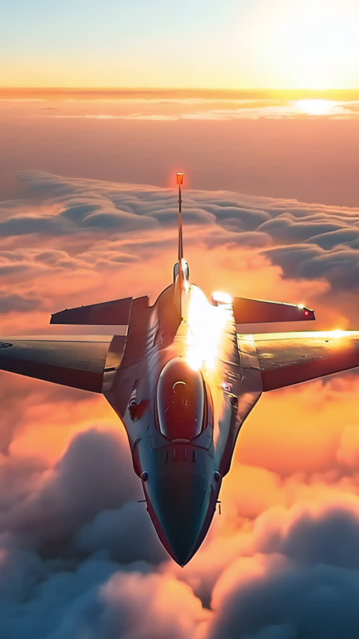 A fighter jet is flying through the sky with a beautiful sunset in the background. Concept of power and freedom, as the jet soars through the clouds