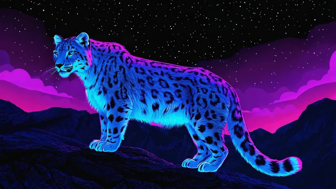 Neon Snow Leopard at Night