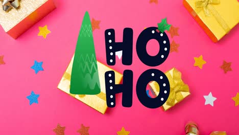 animation of ho ho ho christmas text and presents on pink background