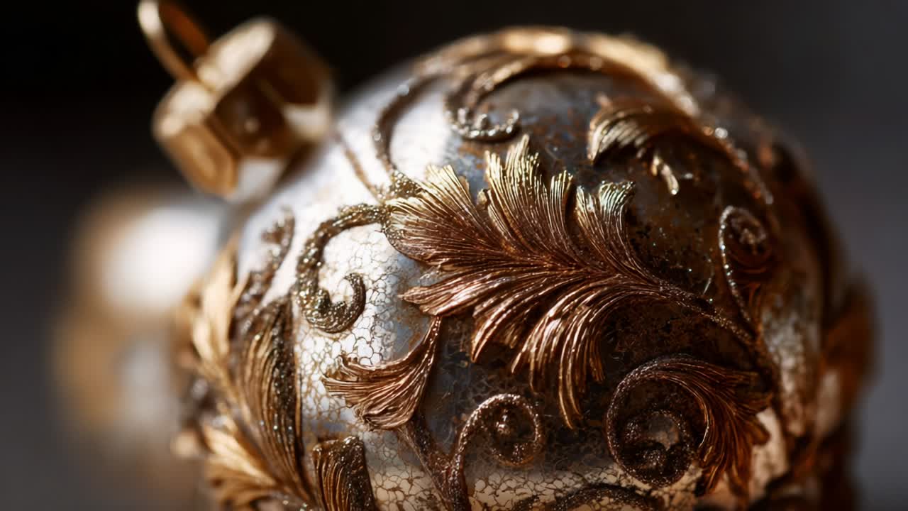 Elegant Decorative Christmas Ornament with Intricate Golden Leaf Patterns and a Shiny Surface, Captured in Close-Up Detail to Highlight the Craftsmanship and Festive Spirit of the Season