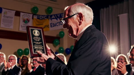 elderly man receives award at a formal ceremony