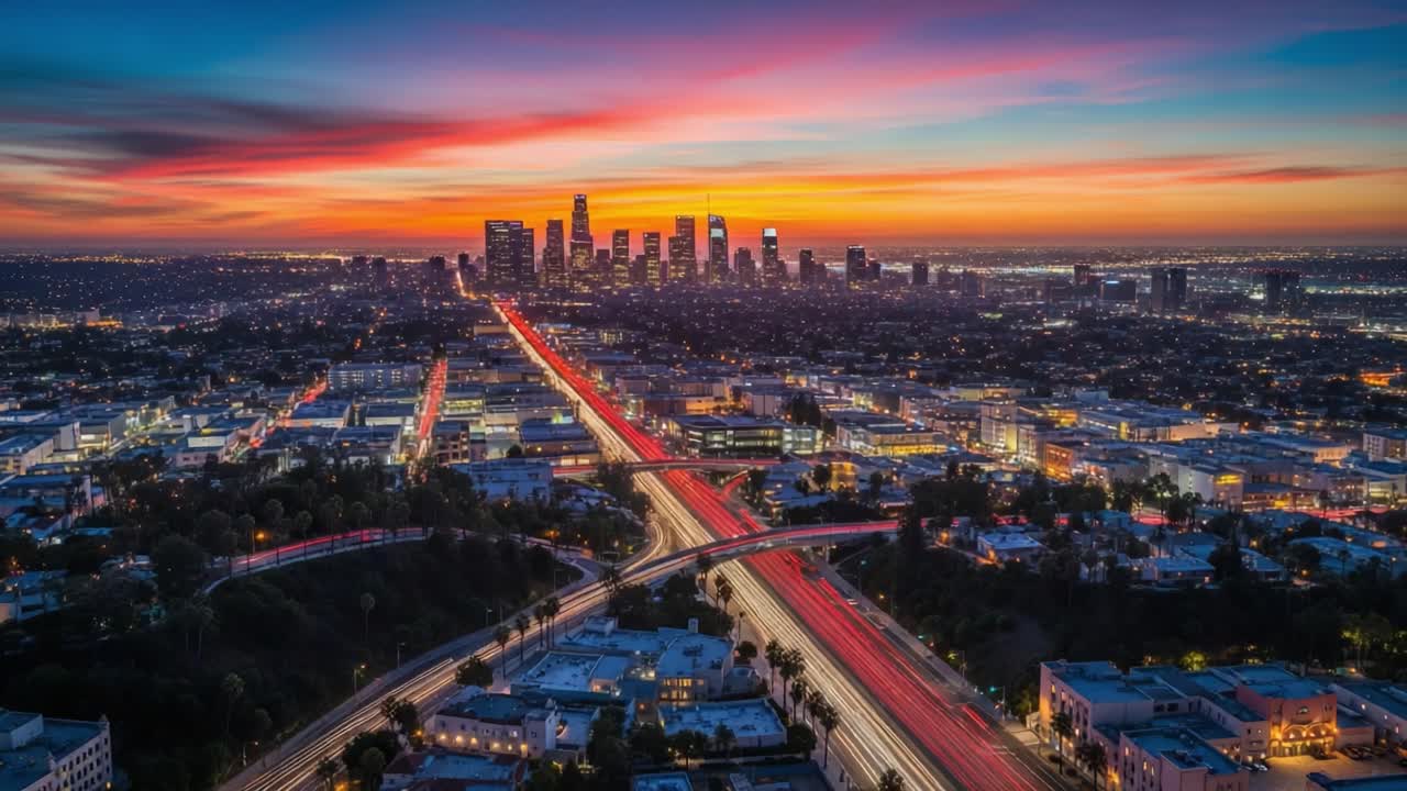 Dynamic Cityscape at Dusk with Streaking Highway Lights and Distant Skyline
