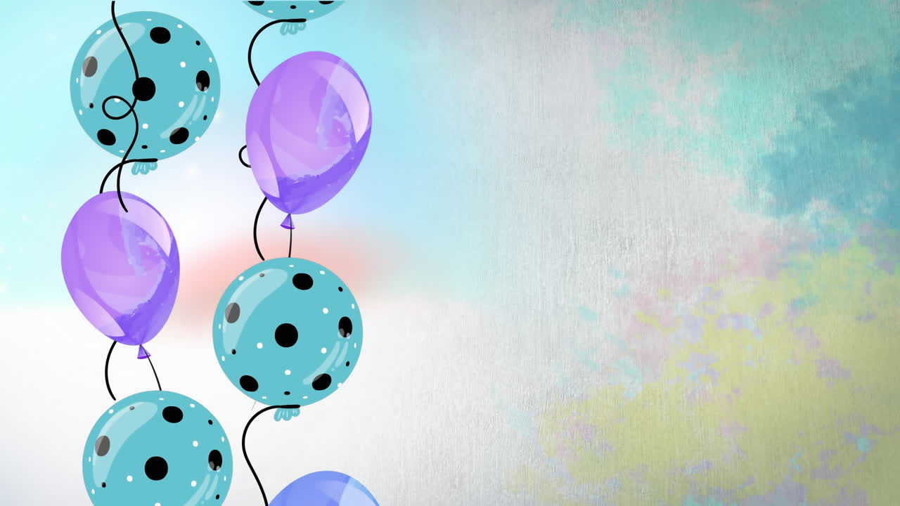 animación de globos azules y púrpuras volando sobre un fondo colorido