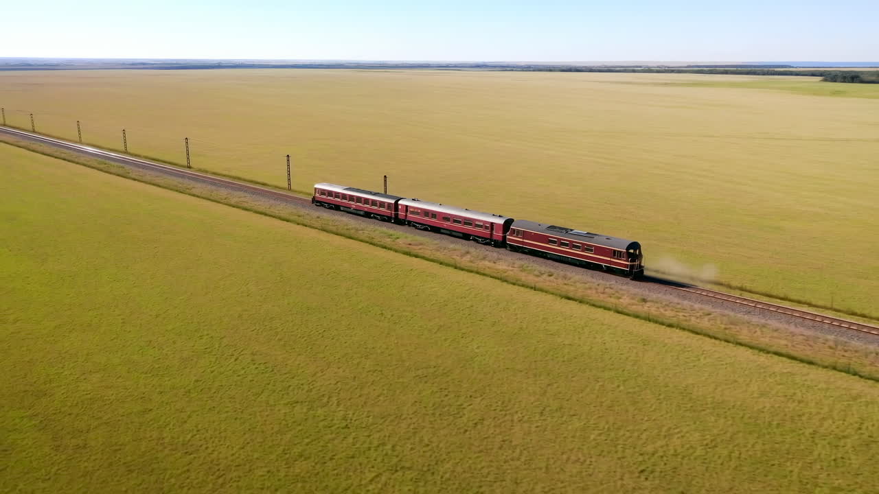 Luftfoto: Tog krydser gylden prærie med vidtstrakte marker, uendelig horisont, rødt lokomotiv med passagervogne