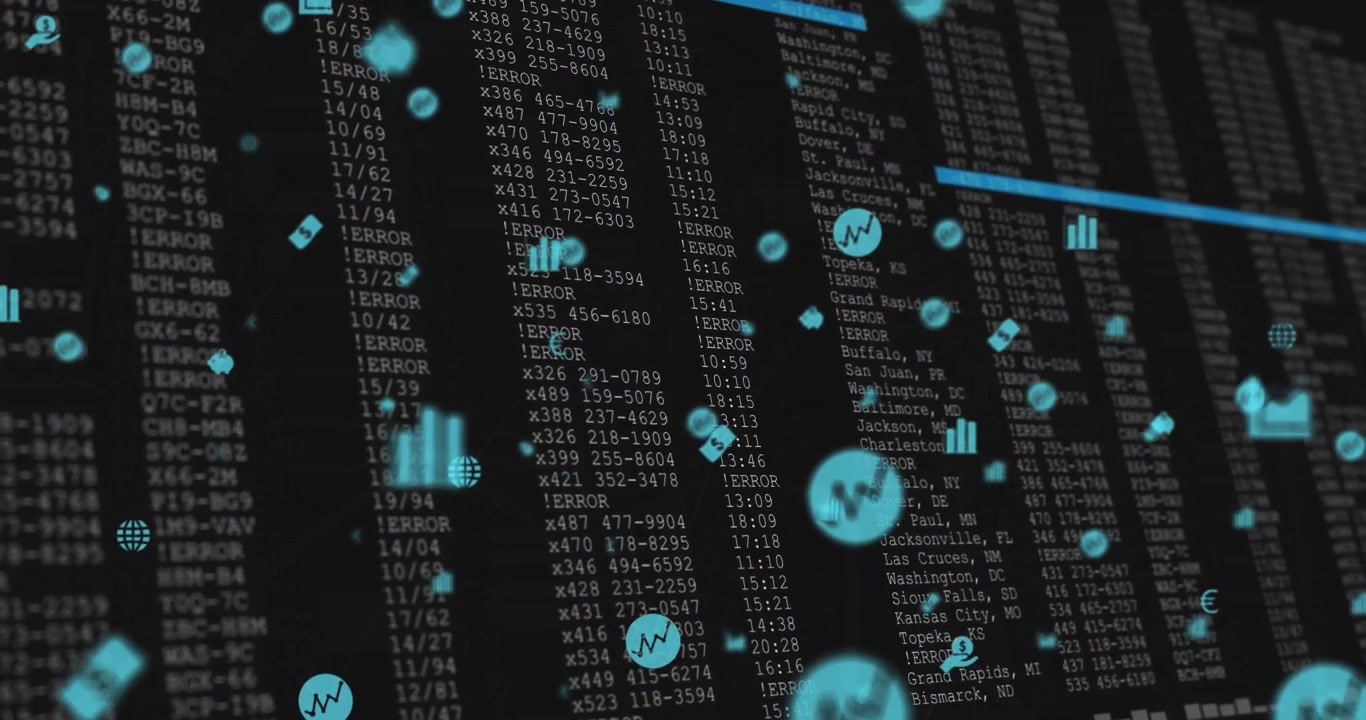 Mørk skjerm hvor flimrende cyan-ikoner begynner å danne et datanettverk, med en skannelinje som fremhever feil