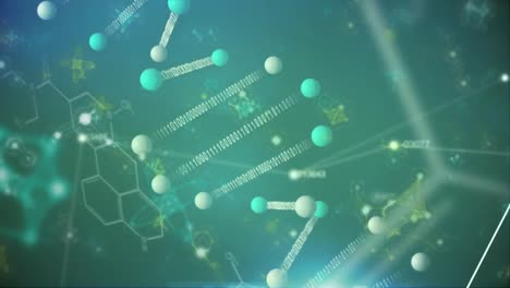 Animation-Mehrerer-Moleküle-Und-Chemischer-Elemente-Und-DNA-Stamm,-Die-Auf-Blauem-Hintergrund-Schweben