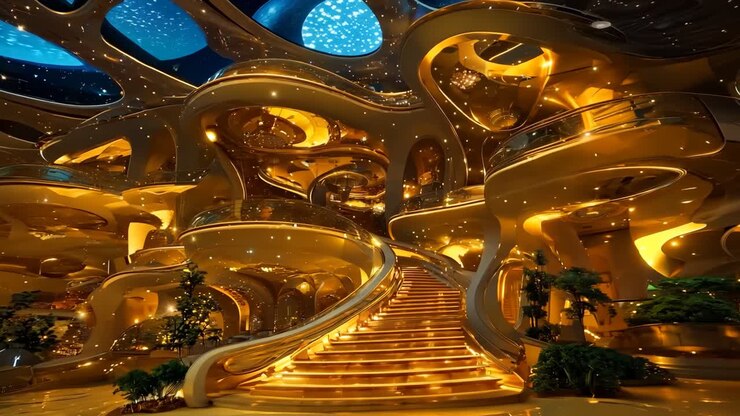 Un grande edificio con una scala a spirale al centro