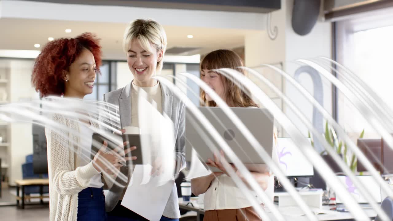 Left woman tapping phone, team checking papers, laptop in business streaks sweeping frame to decide