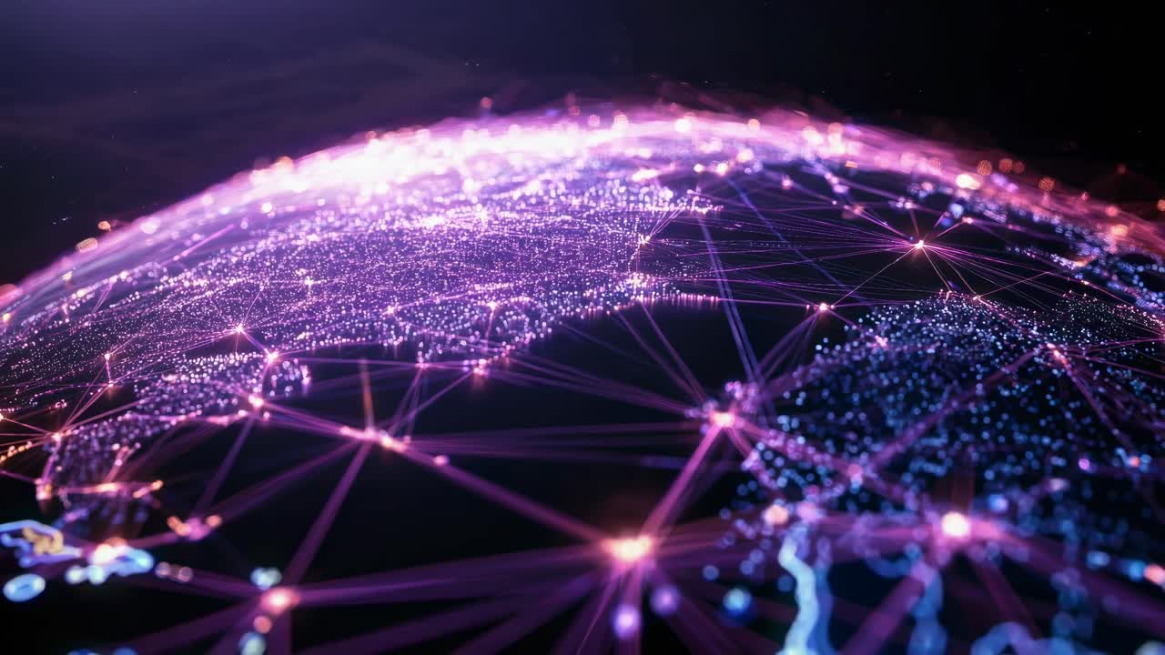 Aerial view of a glowing digital network on Earth's surface, showcasing global connectivity