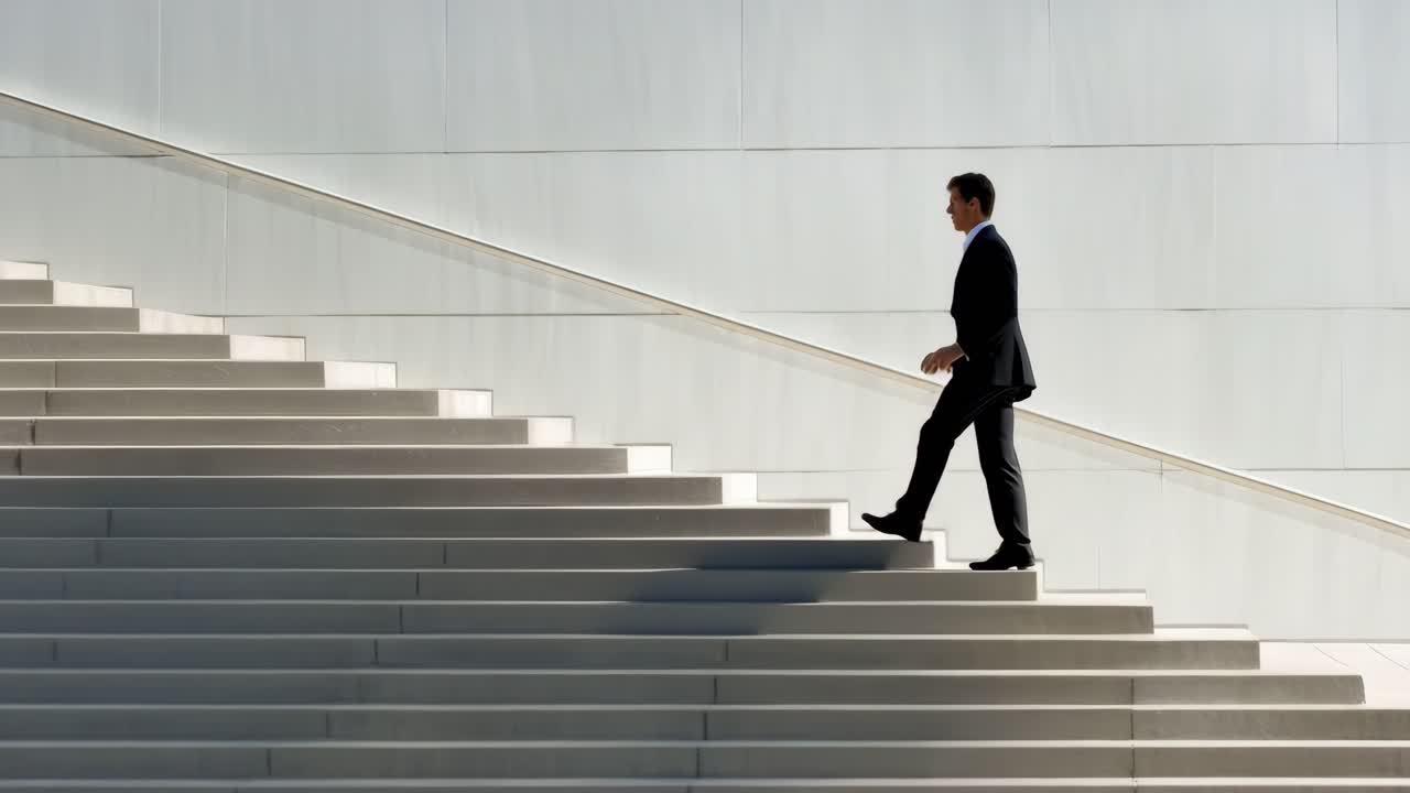 Vista lateral de un empresario subiendo escaleras, simbolizando el progreso.