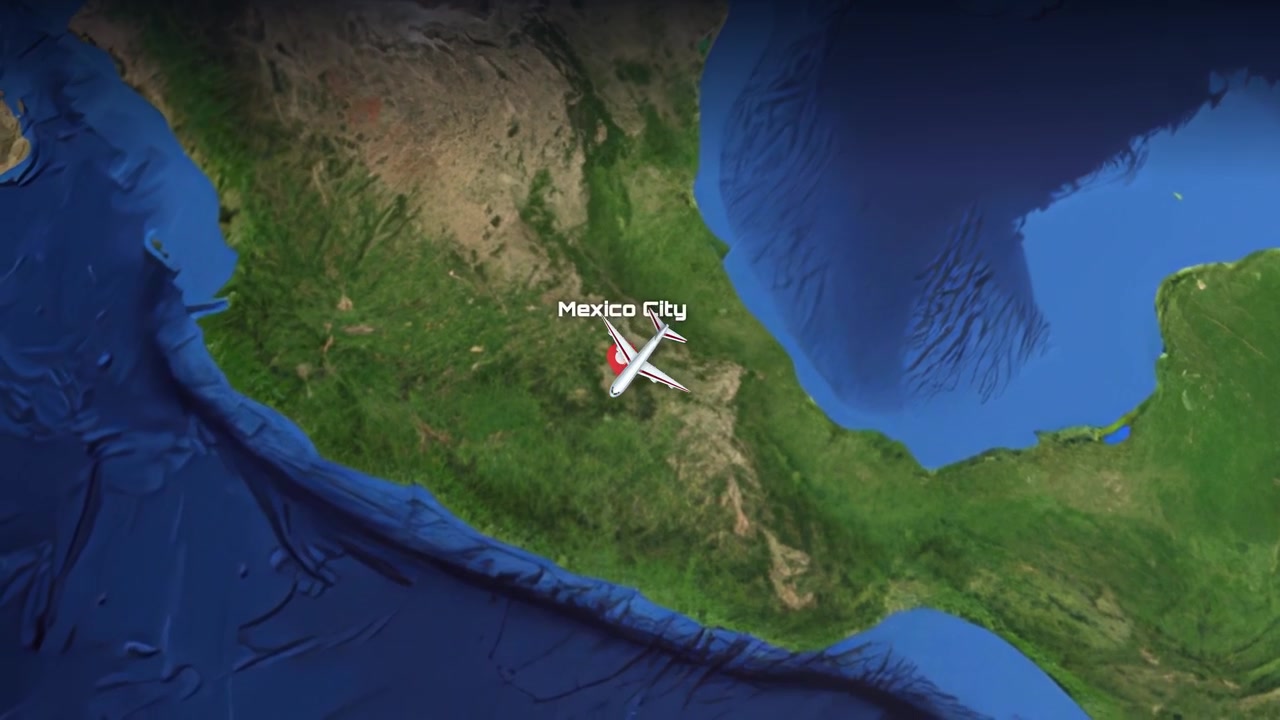 A digital animation tracks a commercial airplane flying across the globe from Istanbul to Mexico