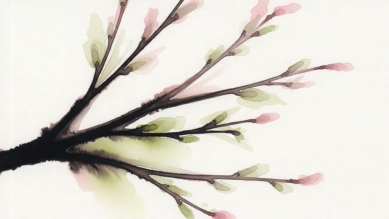 A Serene Illustration of Spring Blossom: Two Frames Capturing Vibrant Floral Foliage in Watercolor Style to Evoke the Tranquility of Nature's Renewal