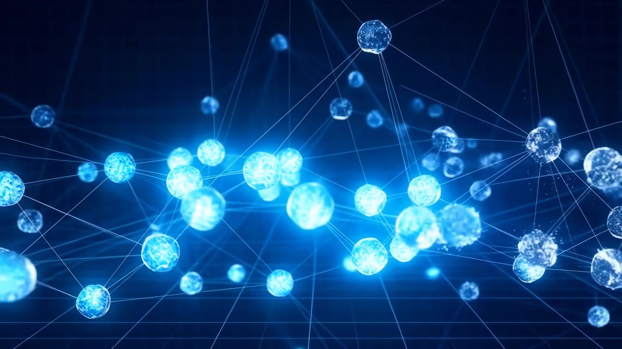 Oblique motion scene of glowing blue spheres linked across dark grid, with nodes expanding, halos brightening and connections revealing lively digital flow and futuristic structure