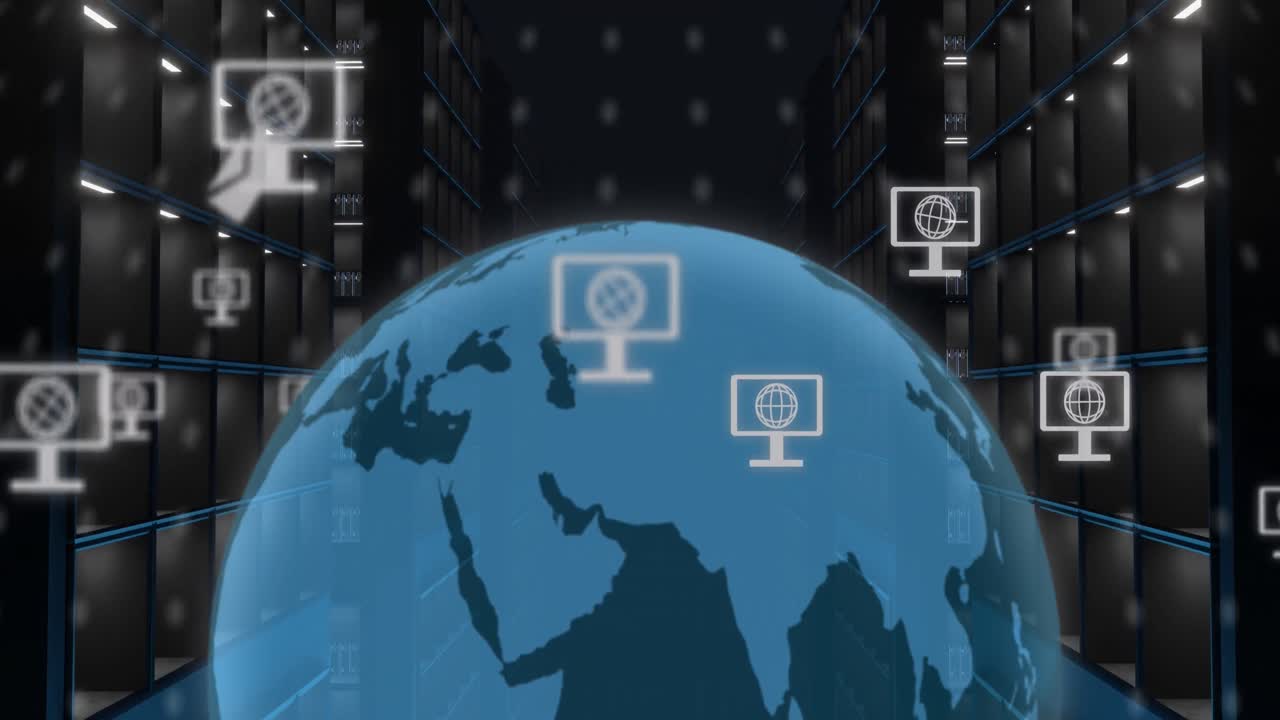 Animation of globe and computer icons over computer servers