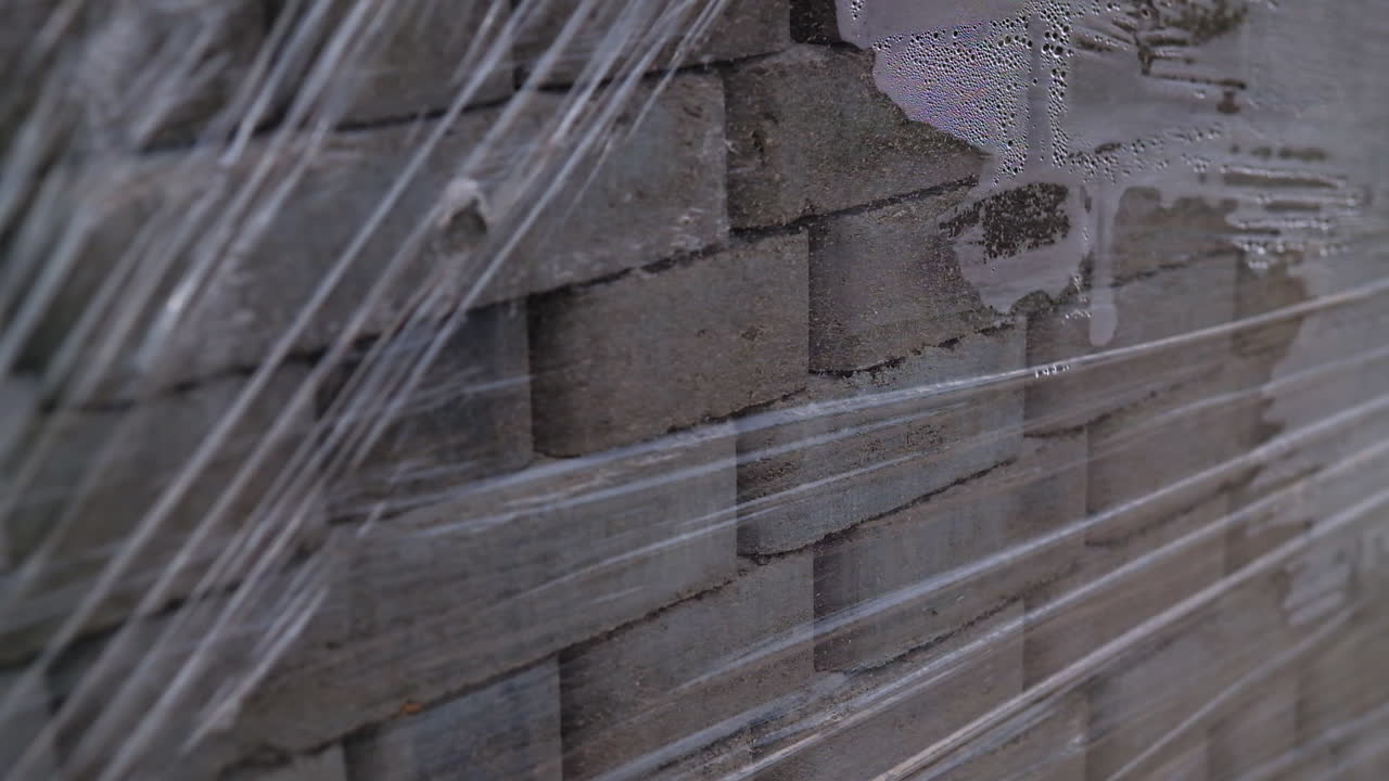 Grey bricks piled in pack and covered with cellophane. Construction materials close up.