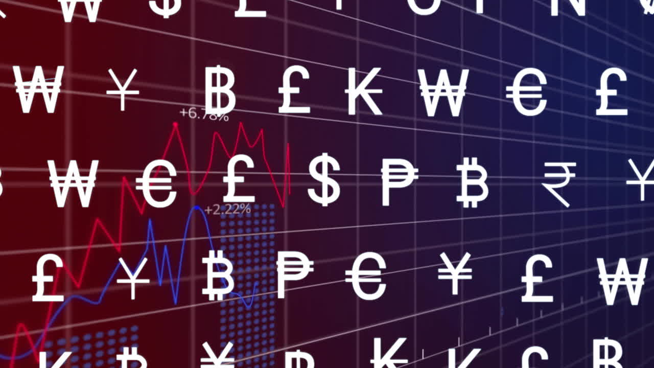 어두운 배경 위에 그리드에서 금융 데이터 처리 및 통화의 애니메이션