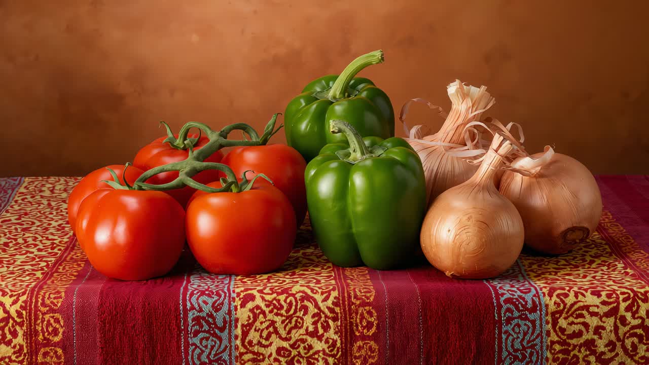 La telecamera zooma, avvicinando una natura morta su un tessuto di sfondo rosso, rivelando pomodori, peperoni e cipolle.