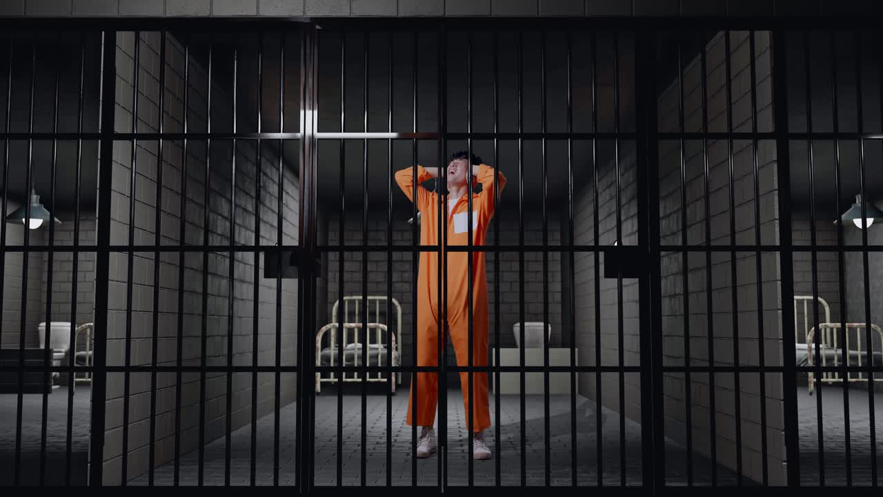 cuerpo lleno de estresado prisionero masculino asiático gritando fuerte mientras estaba de pie en la prisión