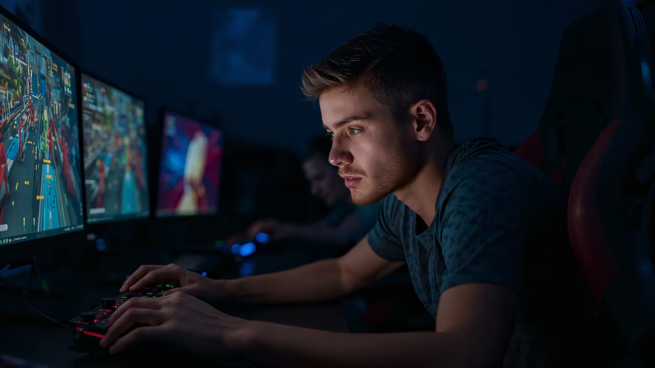 Match starting, gamer in dark tee leaning inputting commands on keyboard, mouse and screens at PC