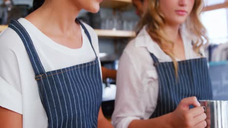 focus of waitress holding a dish and smiling