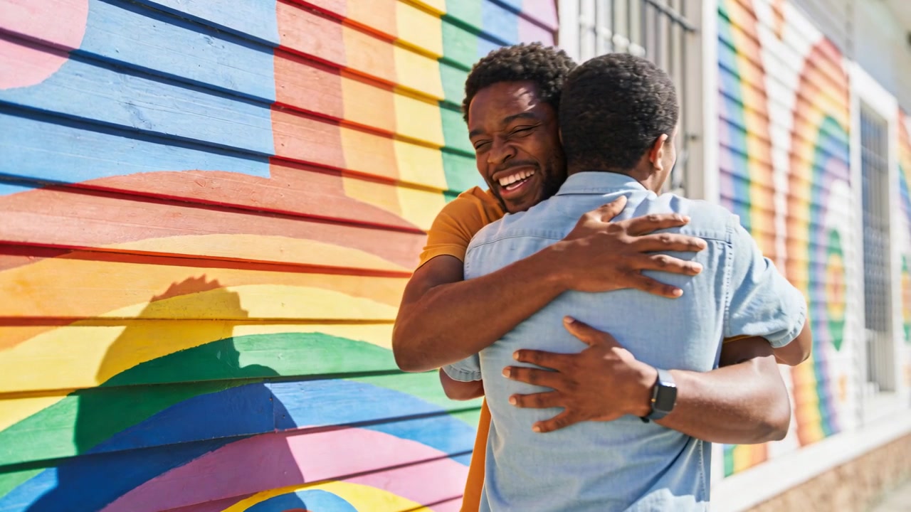 Greeting orange-shirted man hugging light-blue denim-shirt friend on sunny street by mural, smiling