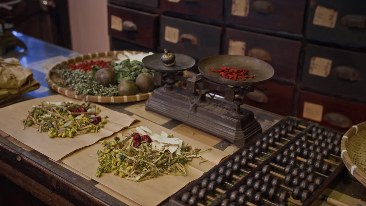 Herbs, Scales and Abacus on Table at Chinese Alternative Medicine Drug Store