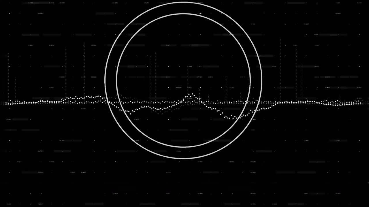 Animation of white circles and moving line and numbers of data processing, on black background